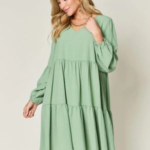Double-Take-Full-Size-V-Neck-Balloon-Sleeve-Tiered-Dress-with-Pockets