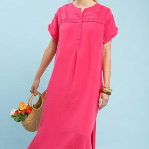 Umgee Button-Front Gauze Midi Dress with Lace Detail