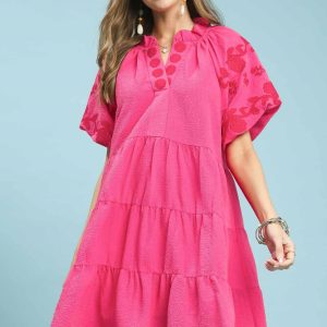 Embroidered Tiered Puff Sleeve Mini Dress