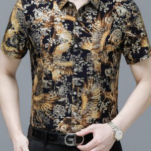 Men's Plus Size Printed Button Up Short Sleeve Shirt