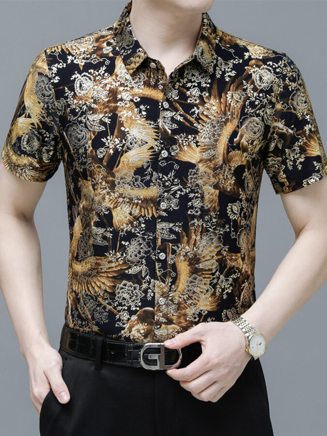 Men's Plus Size Printed Button Up Short Sleeve Shirt