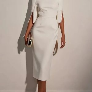 Slim-Fit Elegant Midi Dress with Beaded Slit Sleeve