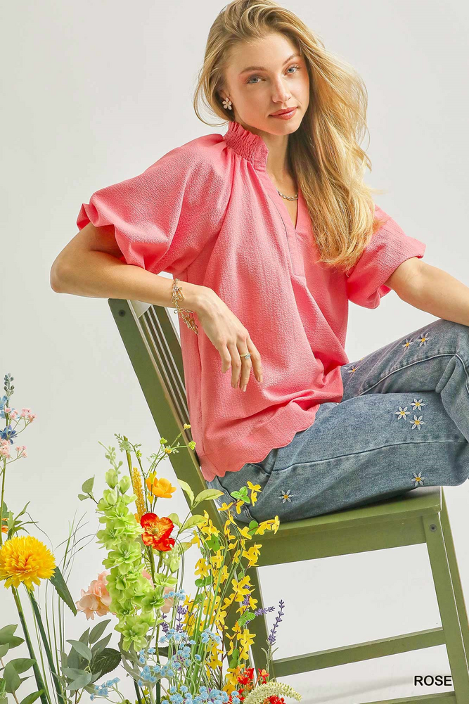 Umgee Scalloped Hem Textured Blouse